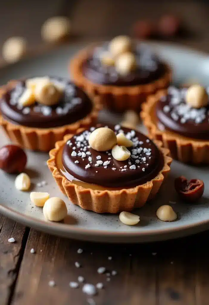 Tartelettes chocolat et noisettes sur assiette grise.