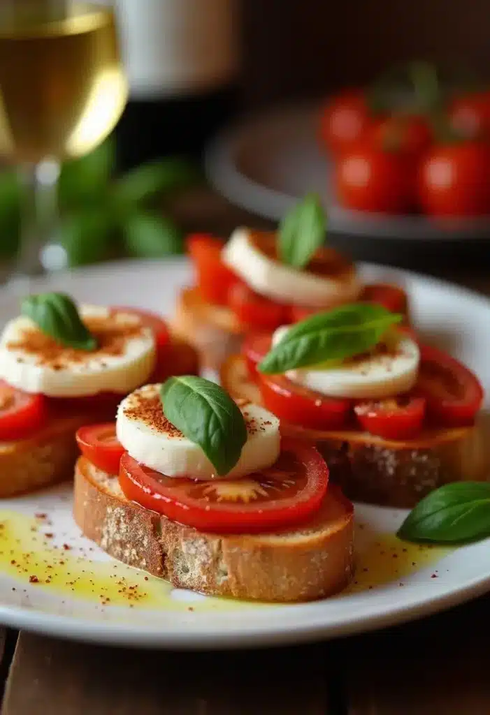 Bruschettas tomates mozzarella basilic sur assiette blanche.