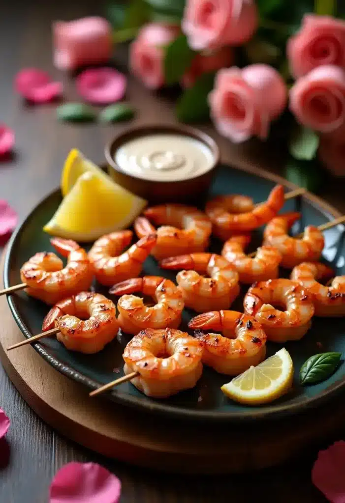 Crevettes grillées avec tranches de citron et sauce