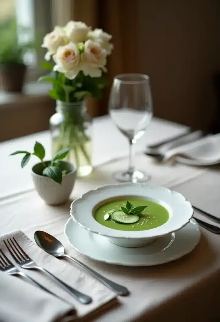 Table élégante avec soupe verte.