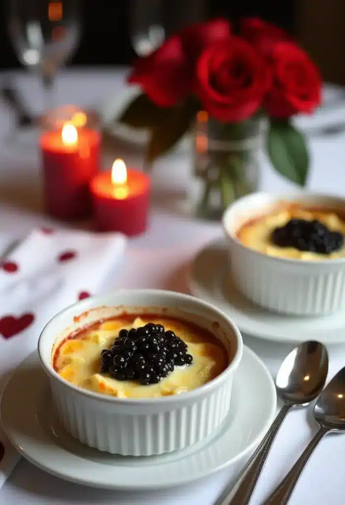 Dessert romantique avec bougies et roses rouges.