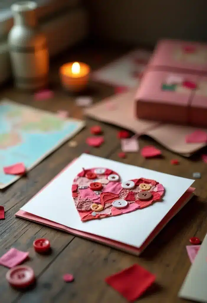 Carte avec cœur décoré, bougie, boutons rouges.