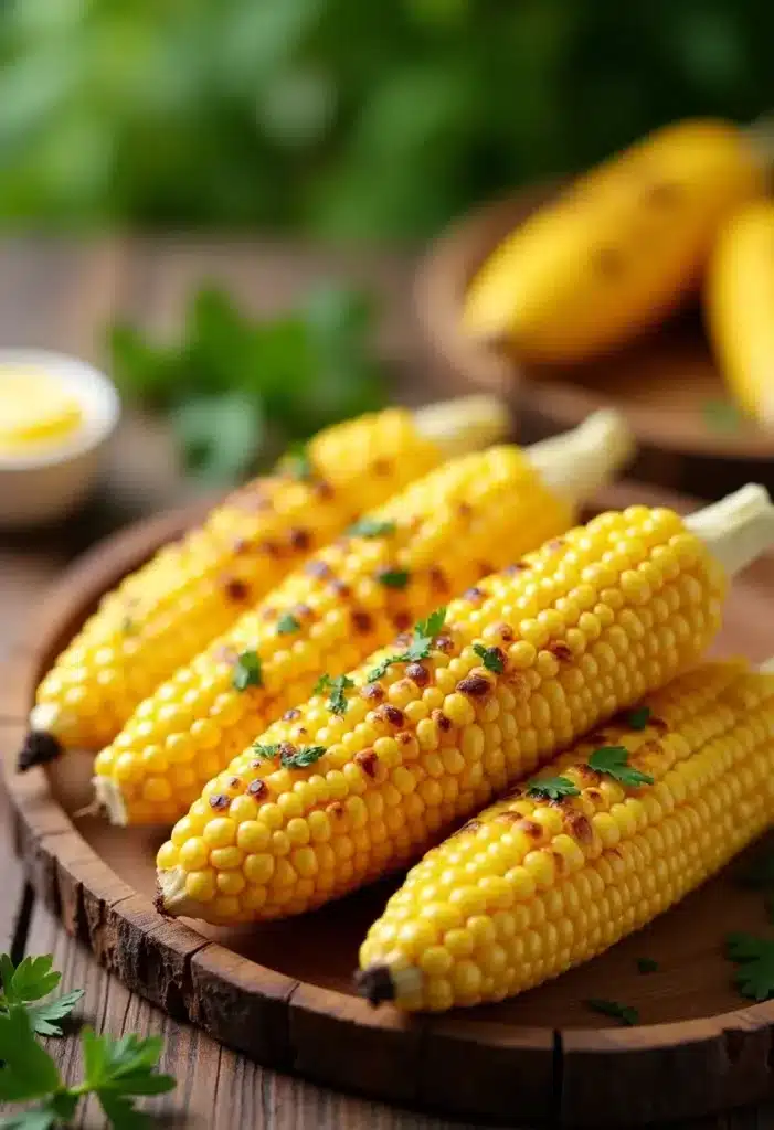 Épis de maïs grillés avec persil sur planche.