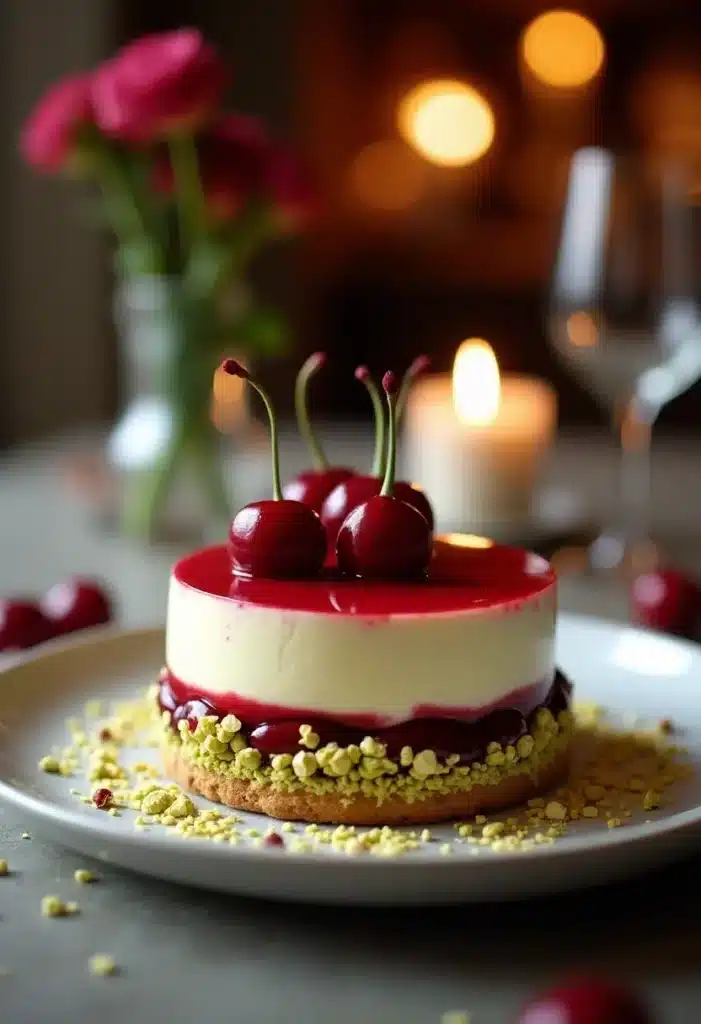 Gâteau aux cerises, crème et crumble pistache.