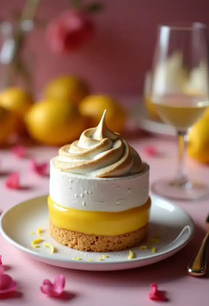 Gâteau citron meringué avec verre de vin.