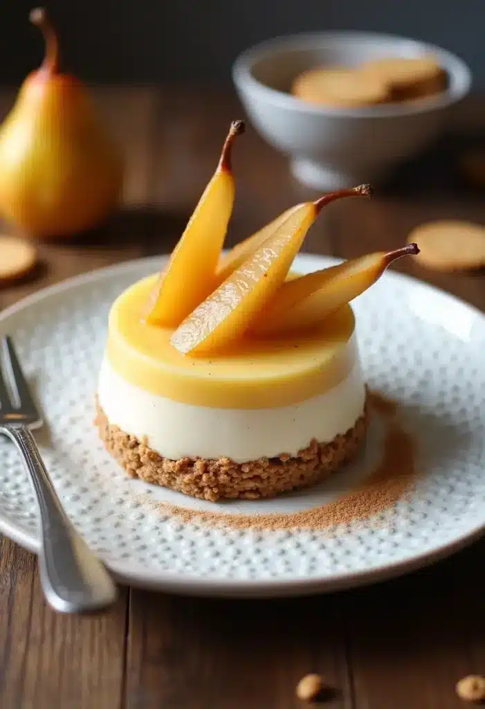 Gâteau poires et fromage blanc sur assiette blanche.