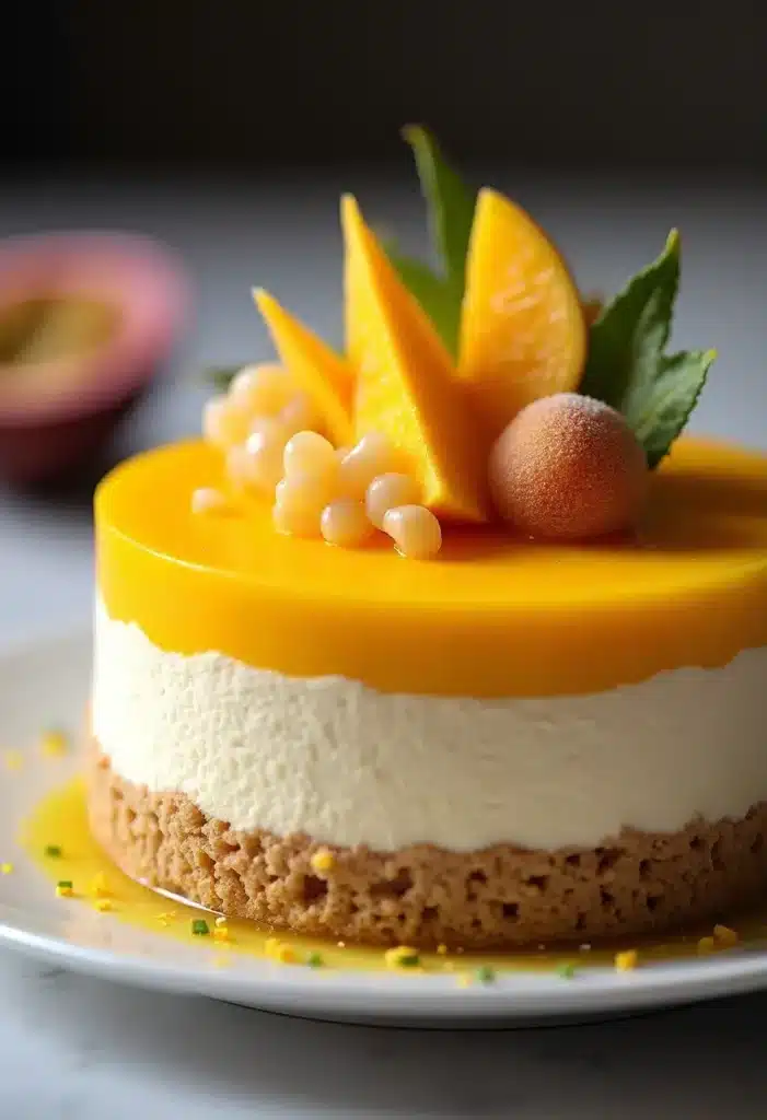 Gâteau mangue élégant avec mousse et gelée.