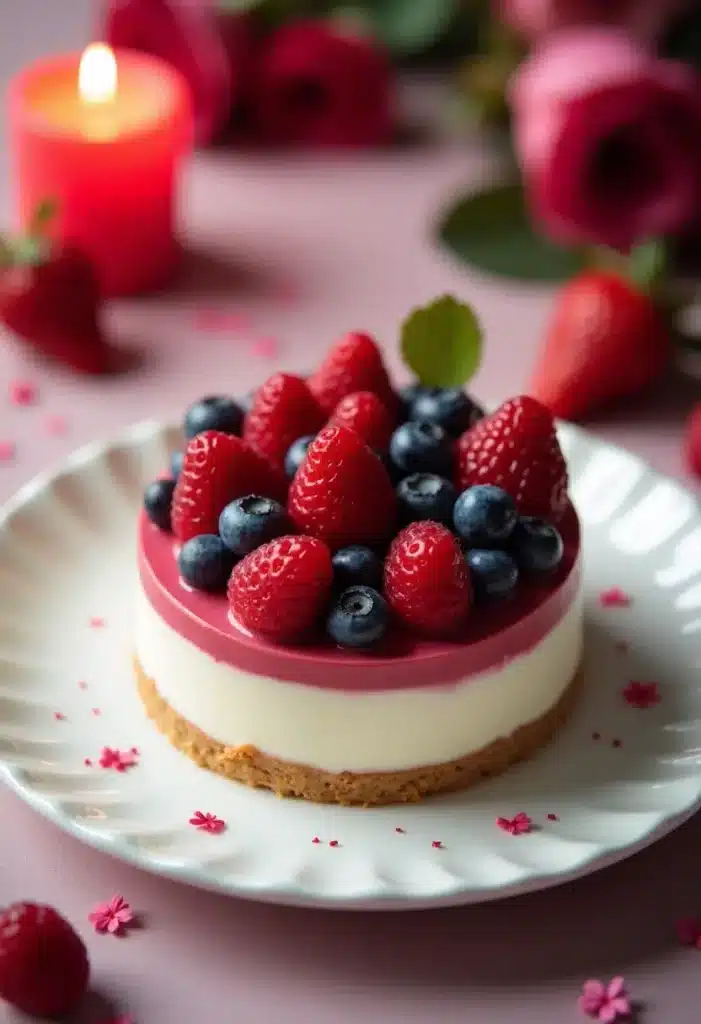 Cheesecake fruits rouges sur assiette blanche, candle rouge.