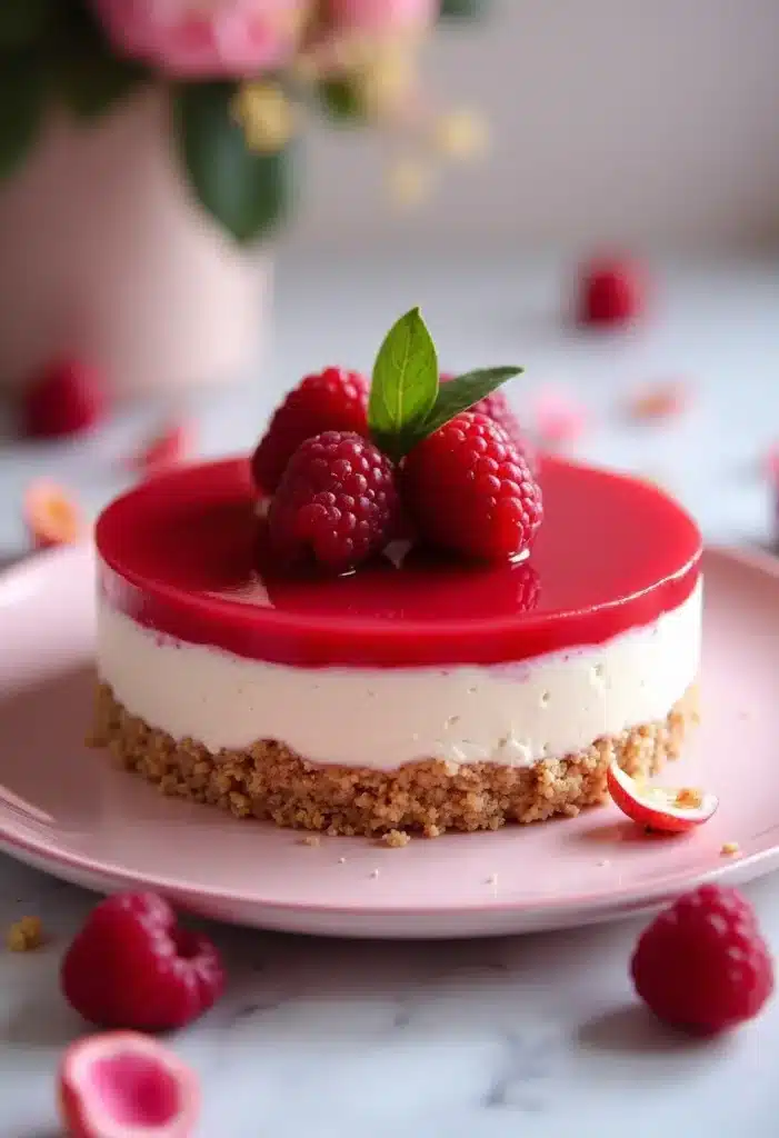 Cheesecake aux framboises sur une assiette rose.
