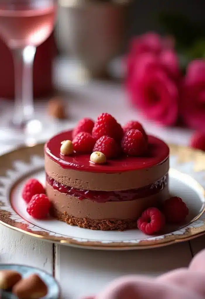 Gâteau au chocolat et framboises sur assiette.