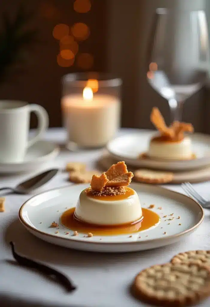 Panna cotta au caramel, ambiance romantique.