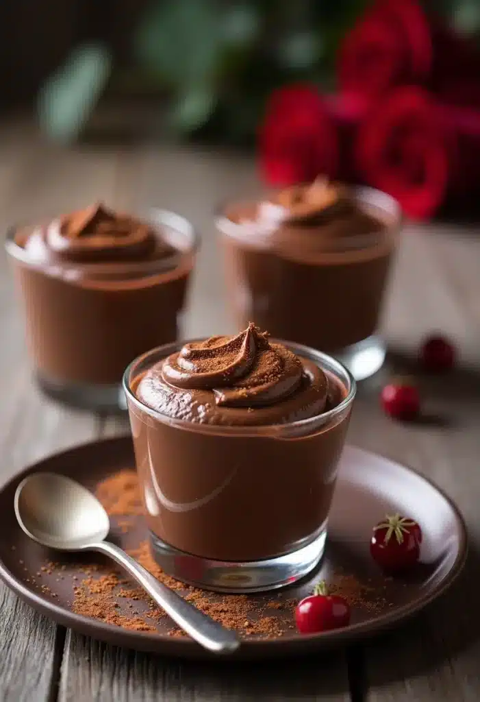 Mousse au chocolat avec cerises et roses rouges