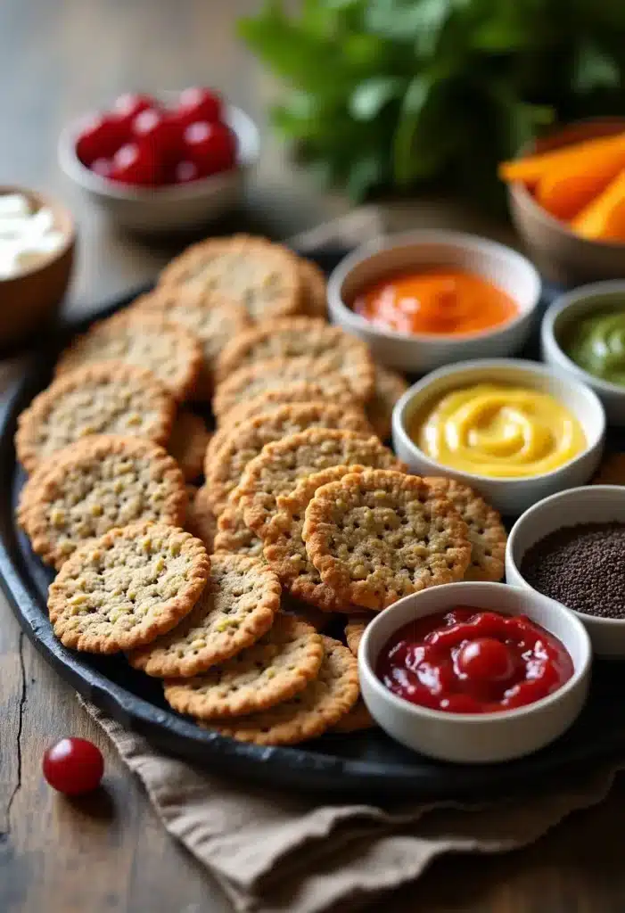 Biscuits et sauces variées sur un plateau.
