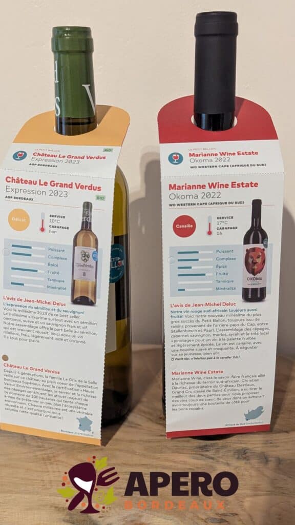 Deux bouteilles de vin avec étiquettes détaillées.
