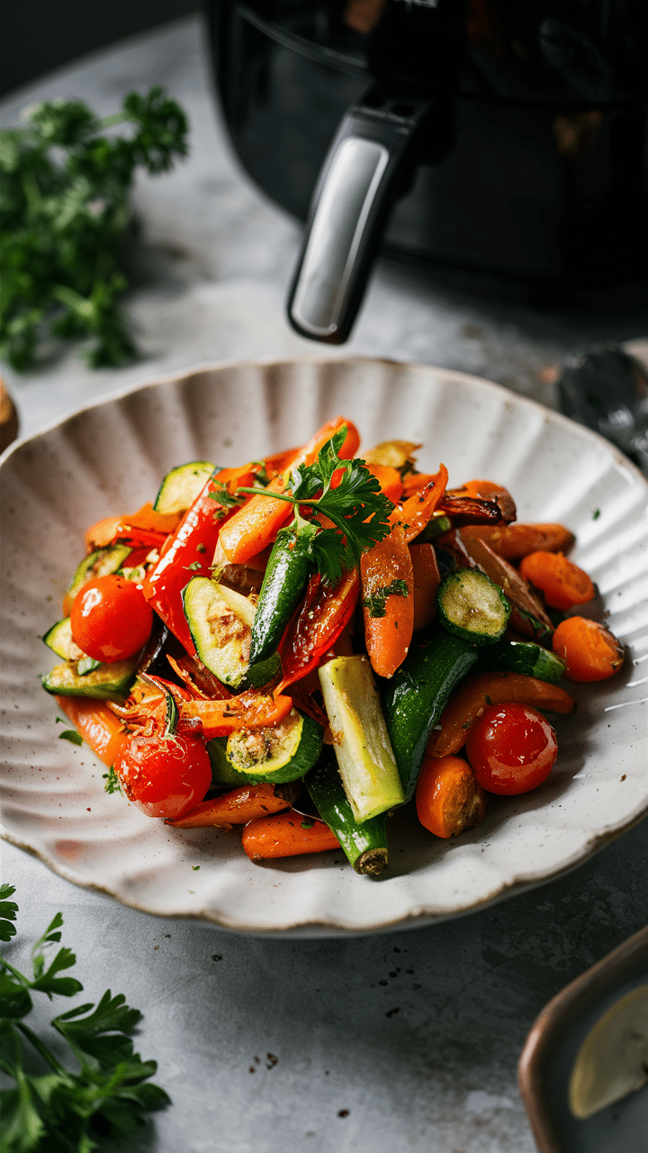 Légumes colorés dans assiette blanche, ambiance rustique.
