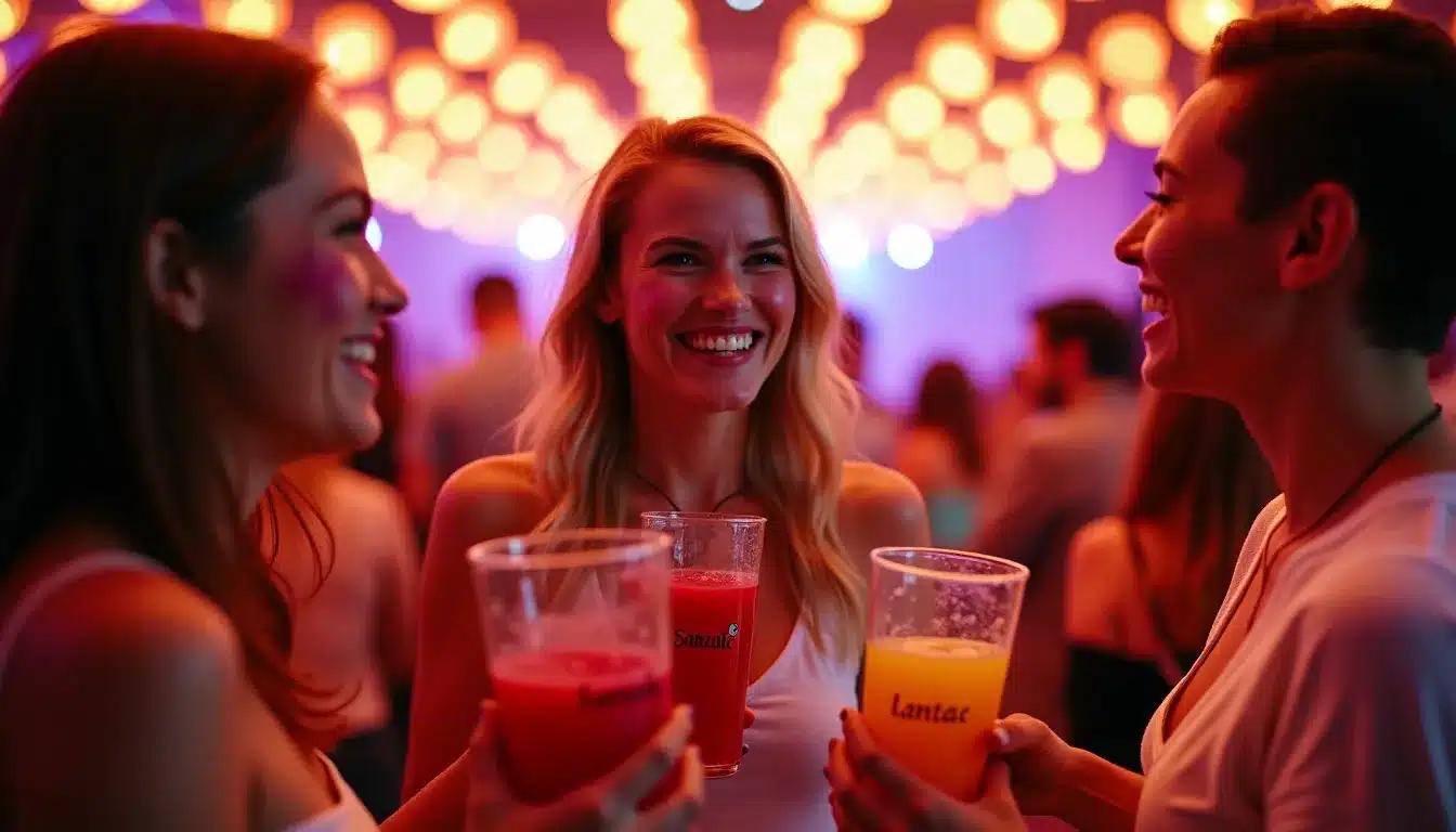 Personnes souriantes buvant dans une fête colorée.
