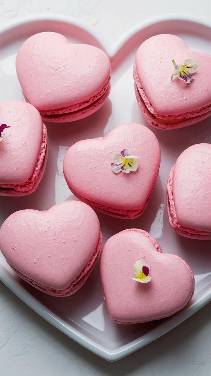 Macarons roses en forme de cœur avec fleurs.