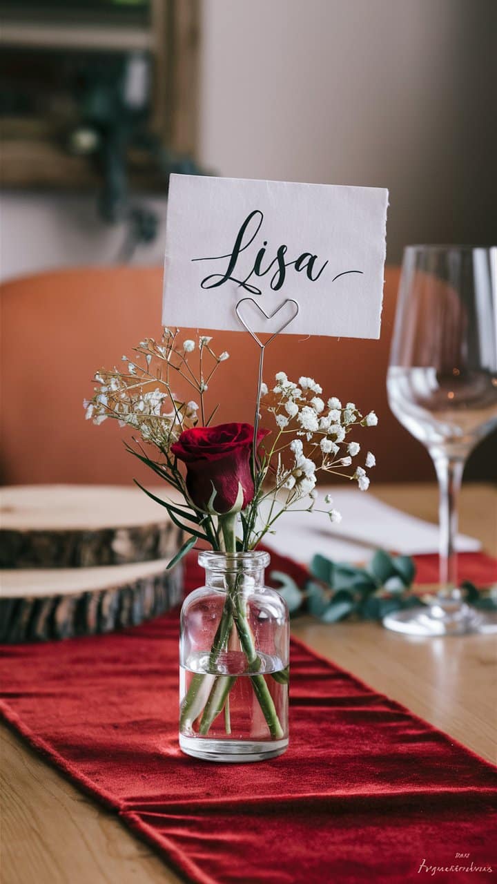 Rose rouge et marque-place sur table en bois.