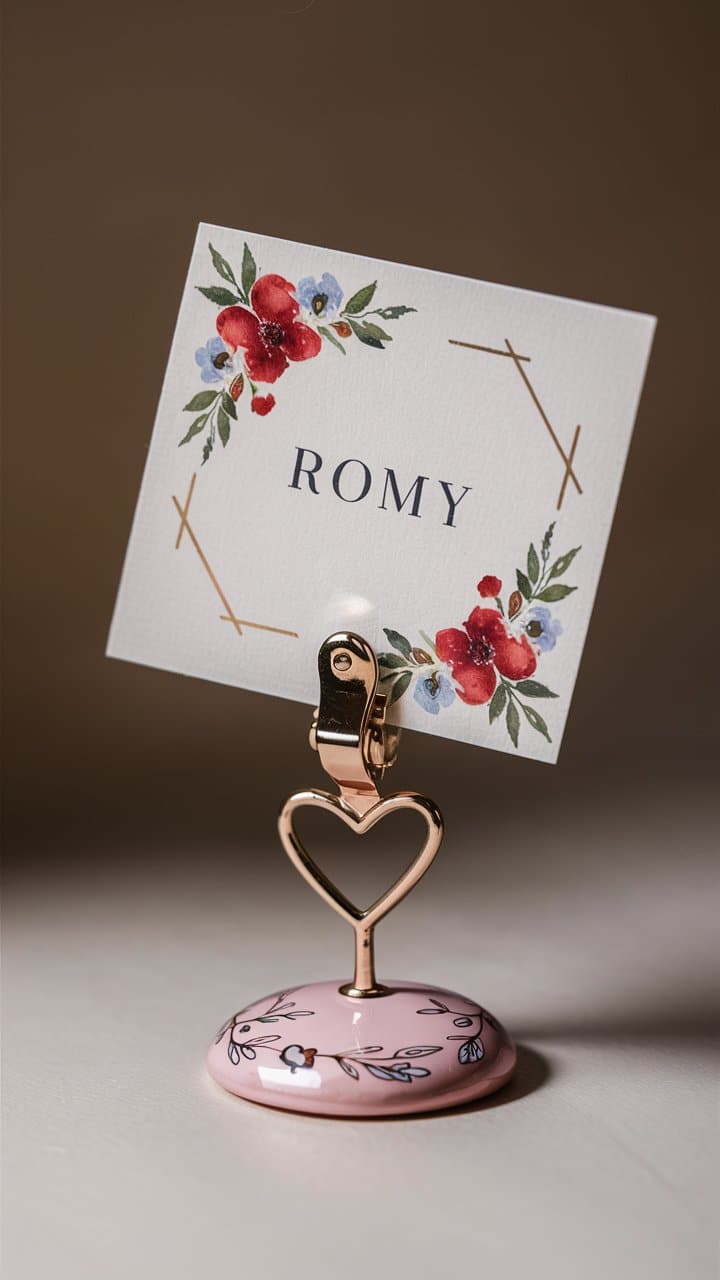 Porte-nom floral avec support en forme de cœur.