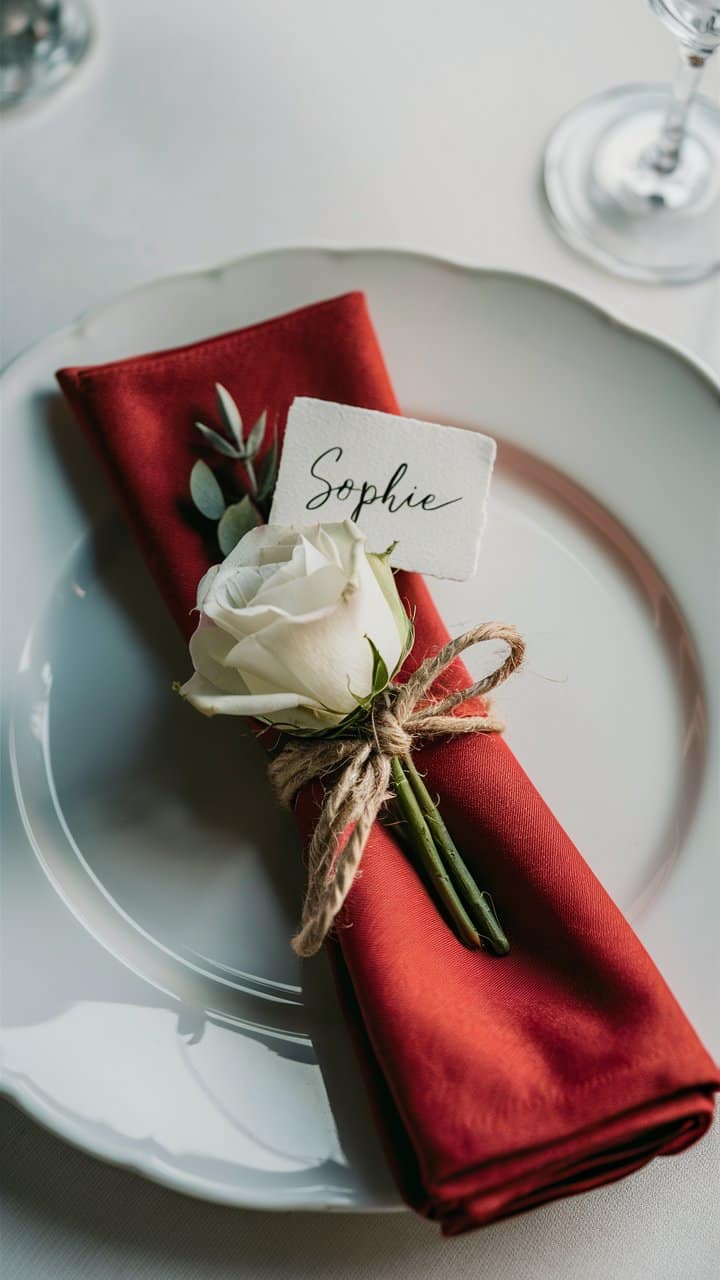 Serviette rouge avec rose et étiquette Sophie.
