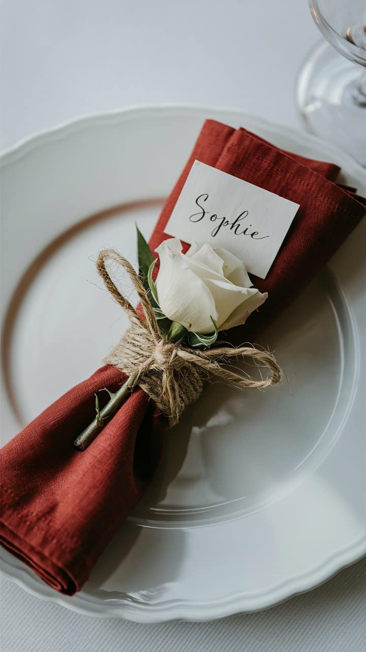Serviette rouge avec rose blanche et étiquette.