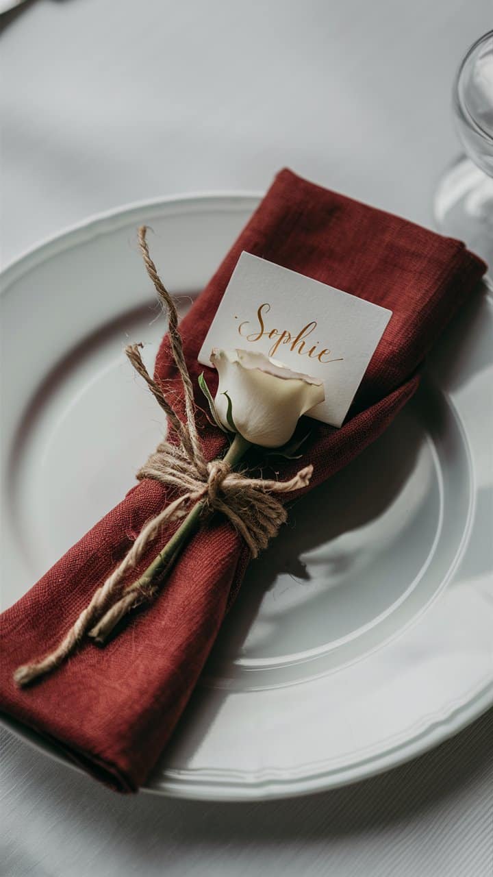 Serviette rouge avec fleur et carton nominatif.