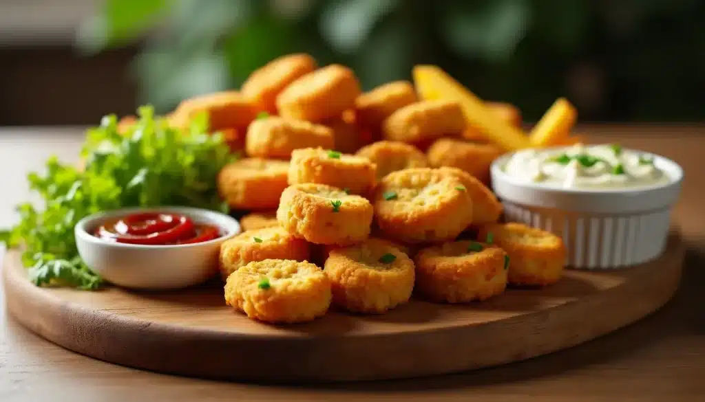 Nuggets de poulet avec sauces et salade.