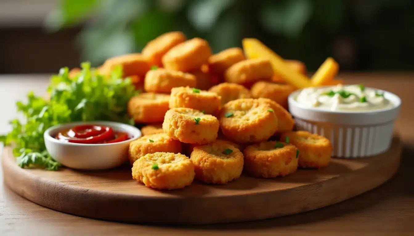 Nuggets de poulet avec sauces et salade.