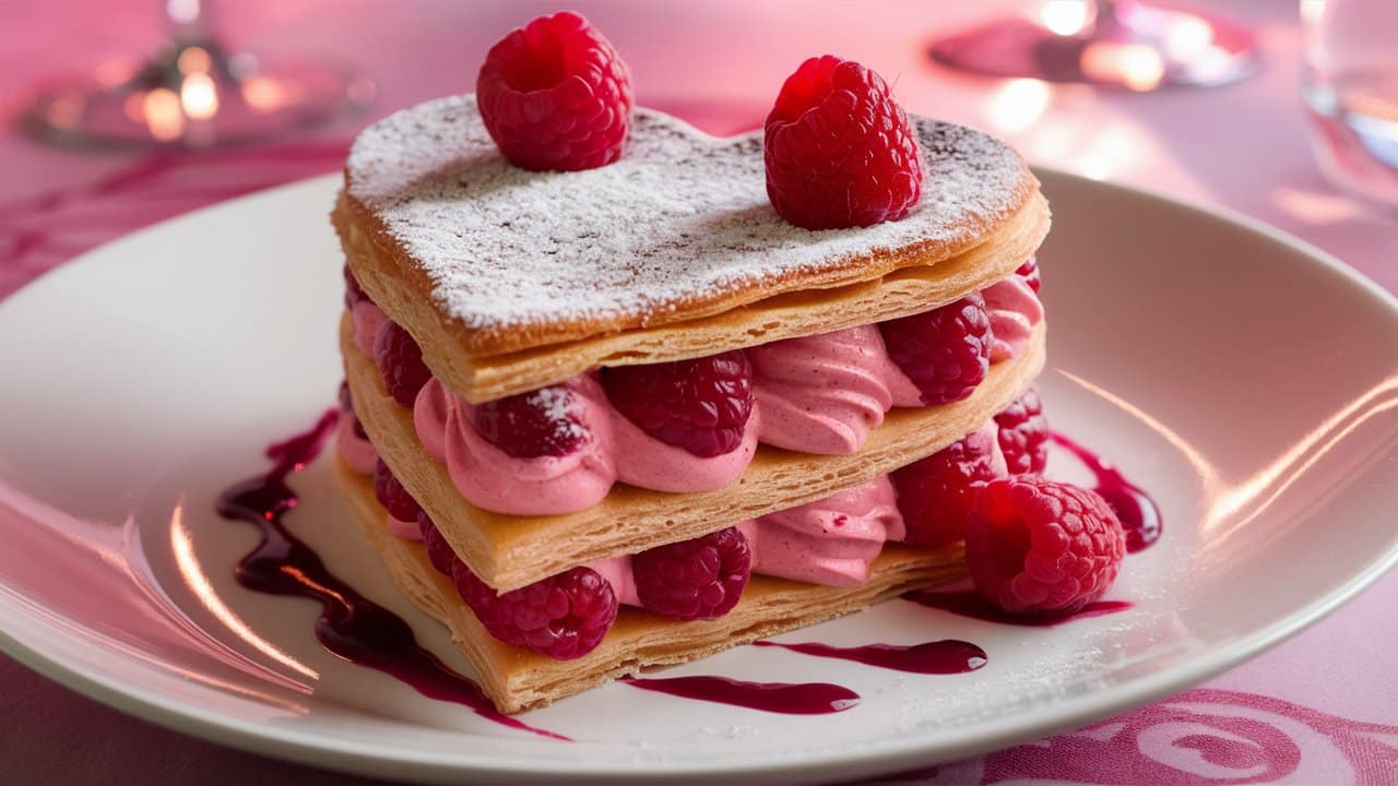 Millefeuille framboise gourmand sur assiette blanche.