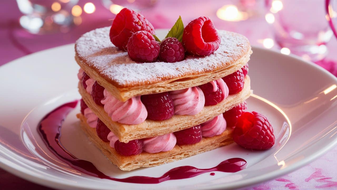 Gâteau feuilleté avec framboises et crème rose.