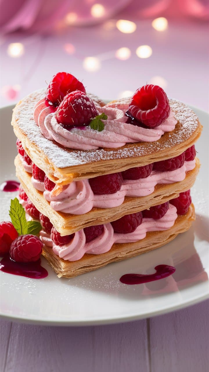 Millefeuille aux framboises et crème rose délicieux.