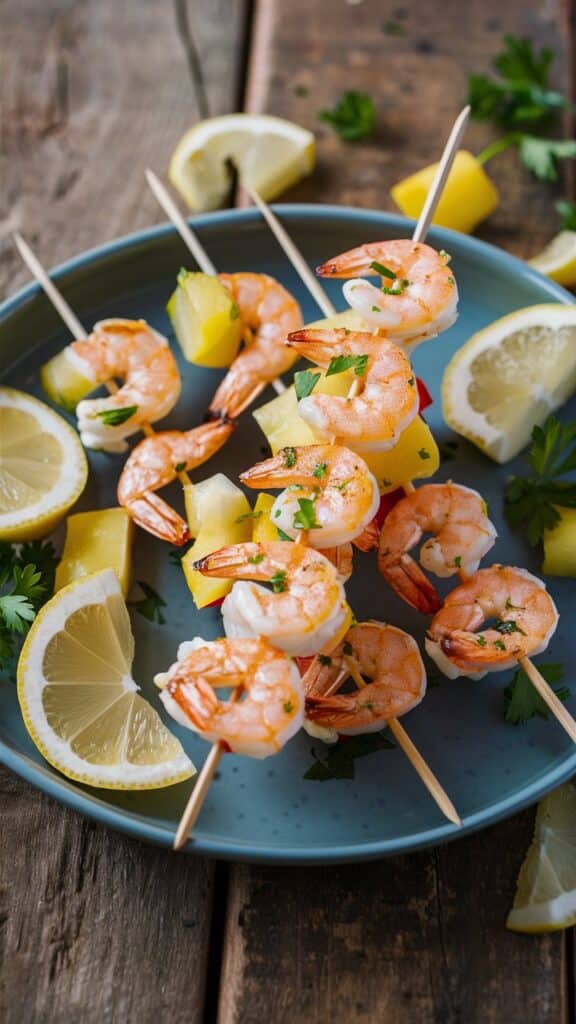 Brochettes de crevettes et ananas avec citron.