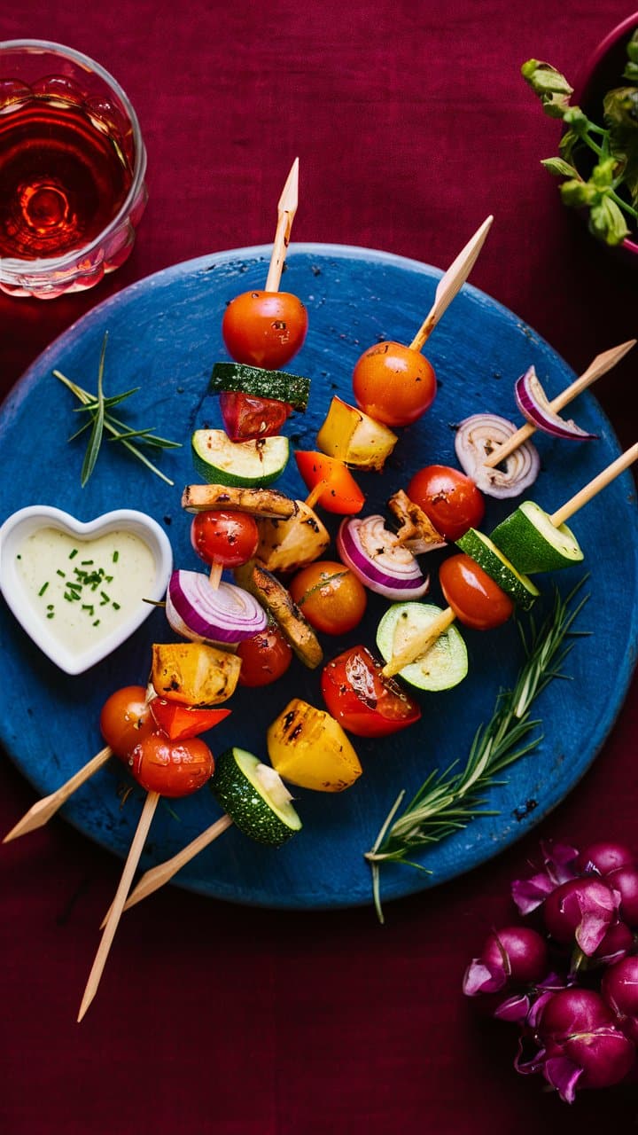 Assiette brochettes légumes avec sauce, fond rouge.