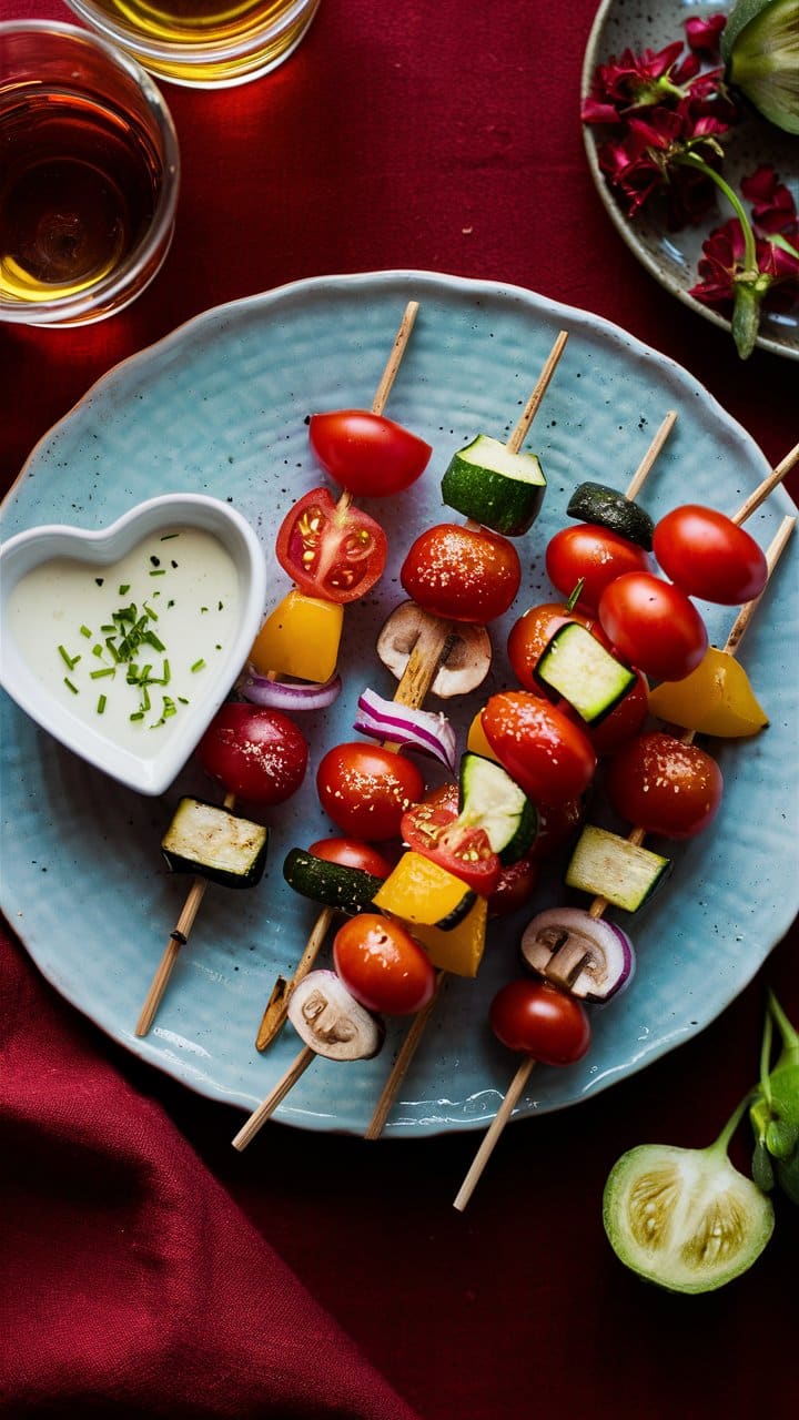 Brochettes de légumes avec sauce blanche et ciboulette.