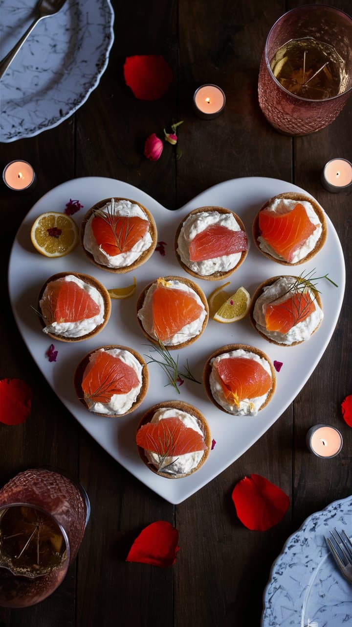 Plateau en cœur de blinis au saumon.