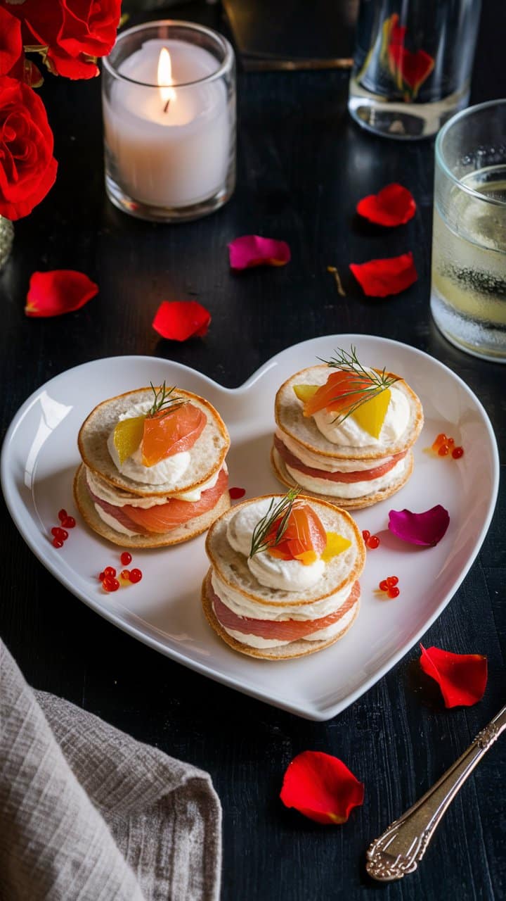 Assiette cœur avec crêpes et saumon, ambiance romantique.