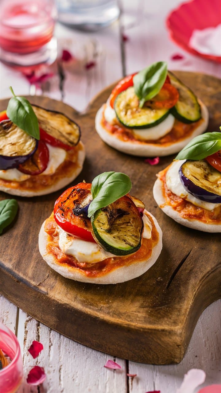 Mini-pizzas aux légumes grillés sur planche de bois.