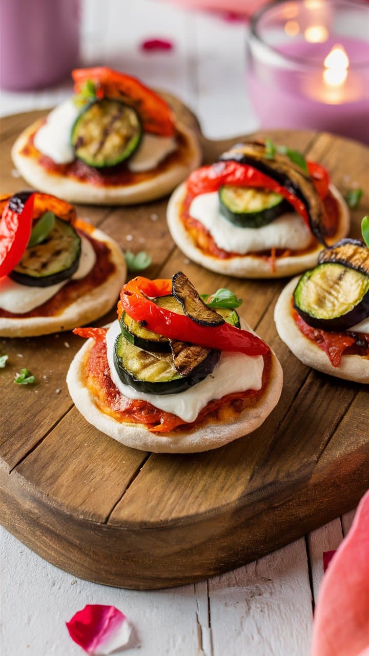 Mini-pizzas aux légumes grillés et mozzarella.