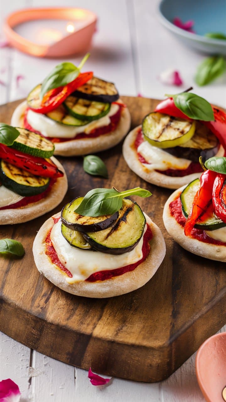 Mini pizzas aux légumes grillés et basilic