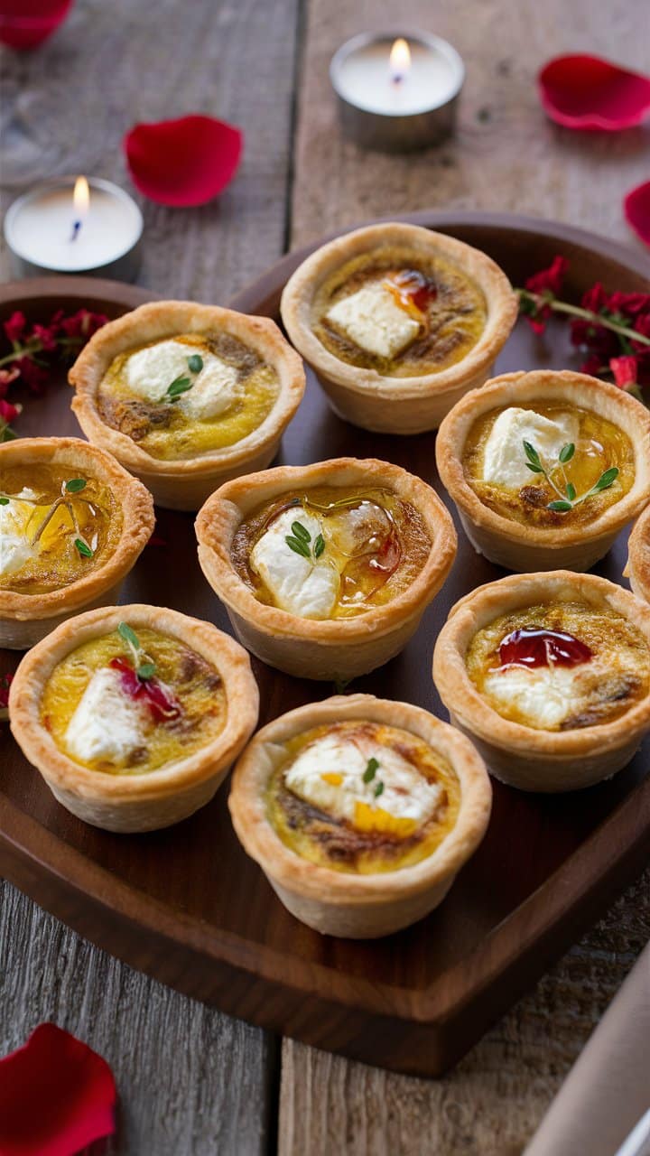Mini tartelettes apéritives sur une assiette en bois.
