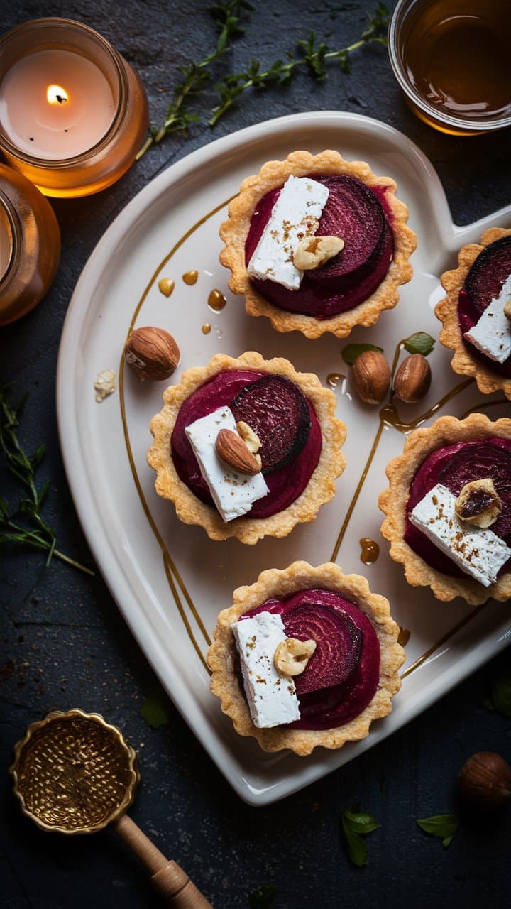 Tartes de betterave au fromage sur plateau cœur.