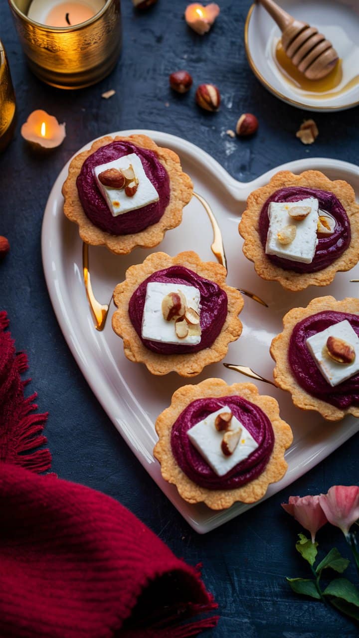 Tartelettes aux noix et fromage sur plateau cœur.