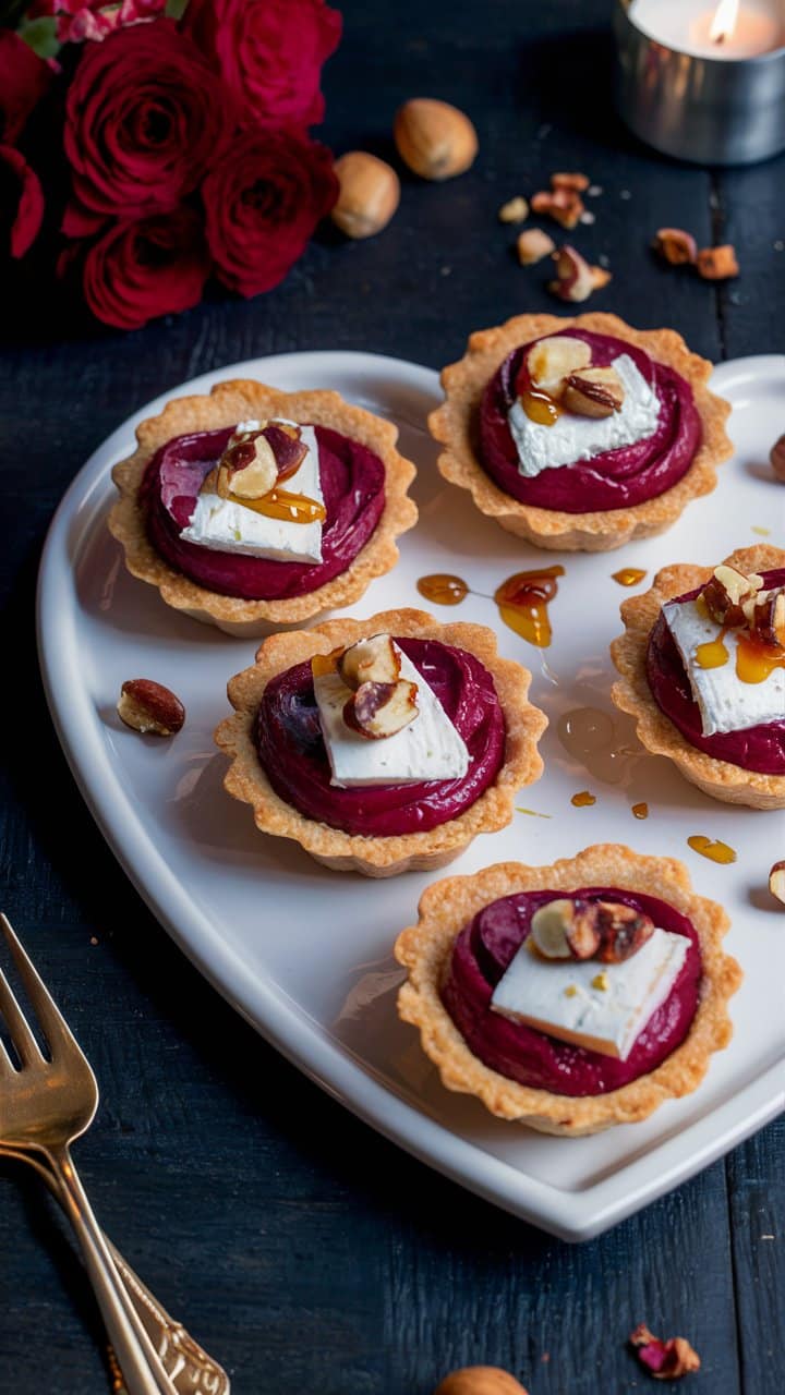 Tartelettes aux fruits rouges et amandes sur assiette.