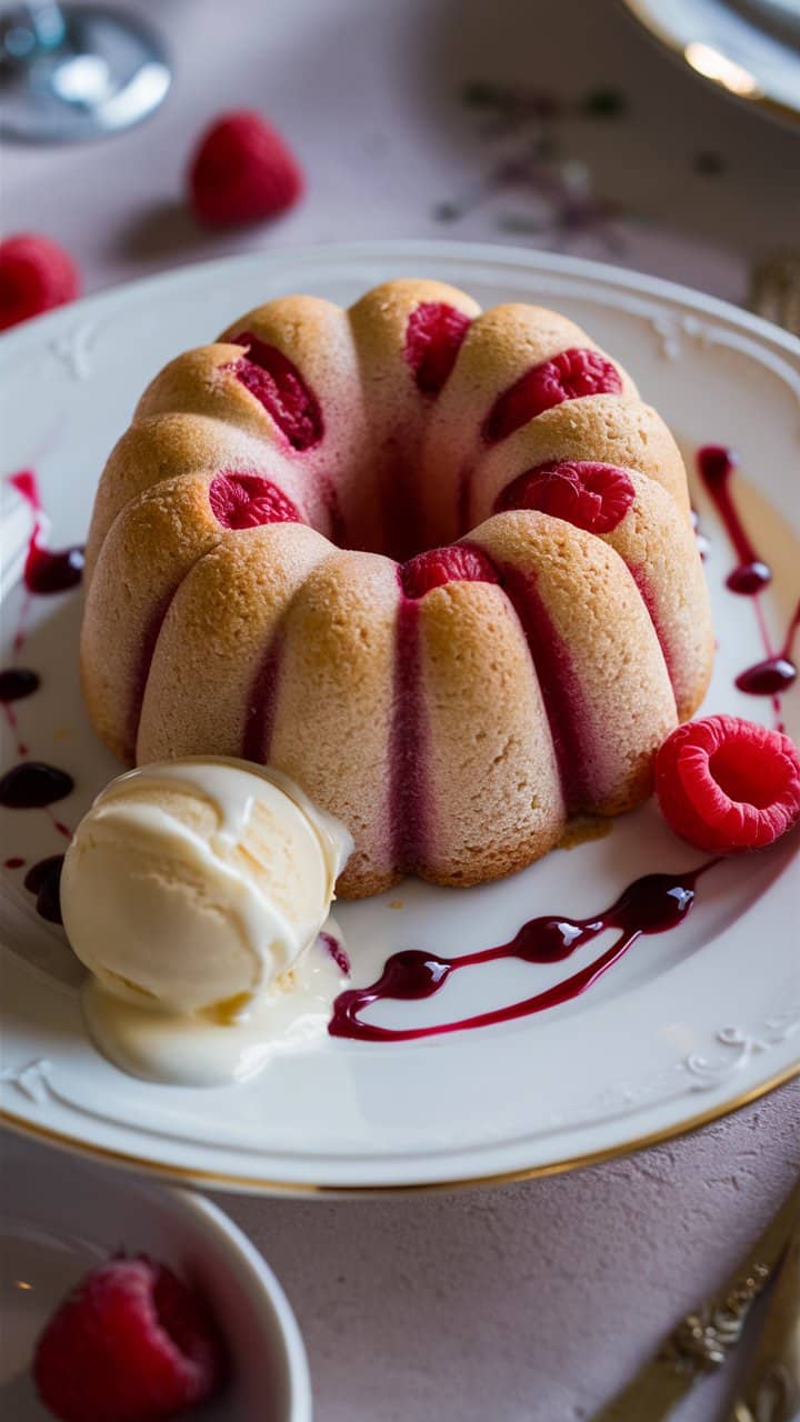 Gâteau framboise avec glace vanille et coulis.