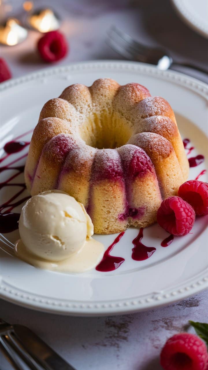 Gâteau bundt à la framboise, glace vanille.