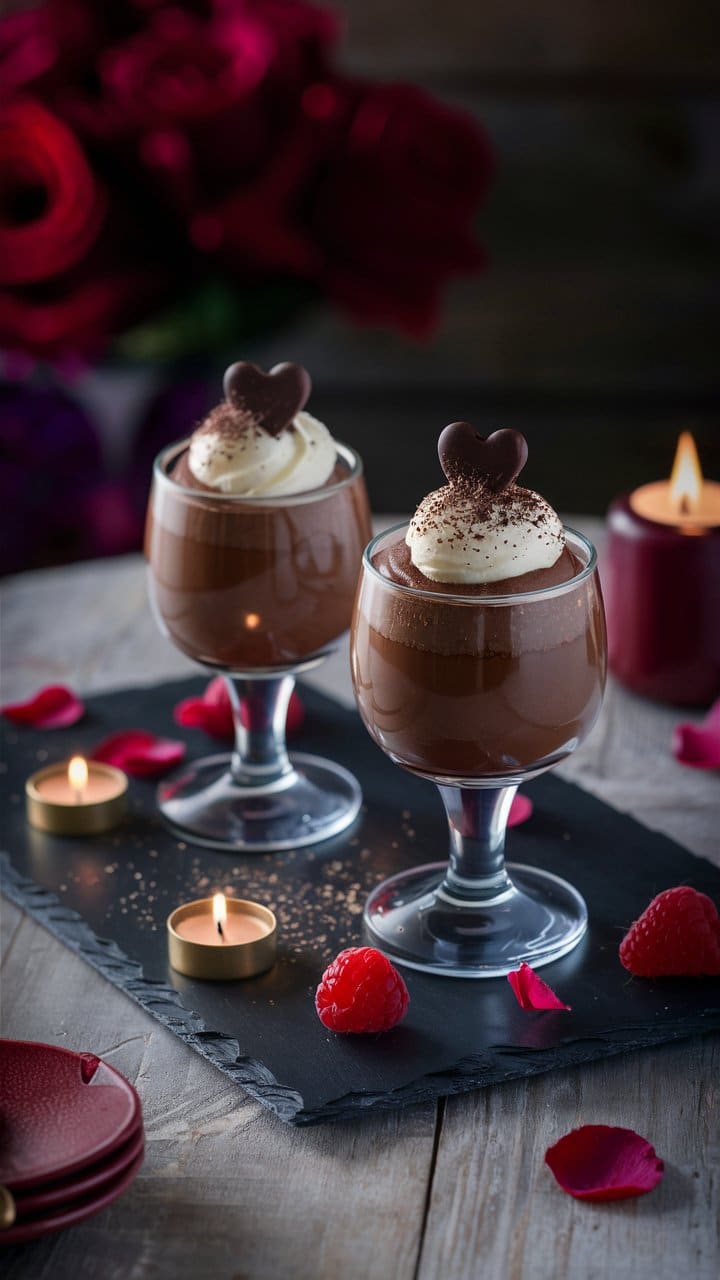 Mousse au chocolat décorée de crème et cœur.