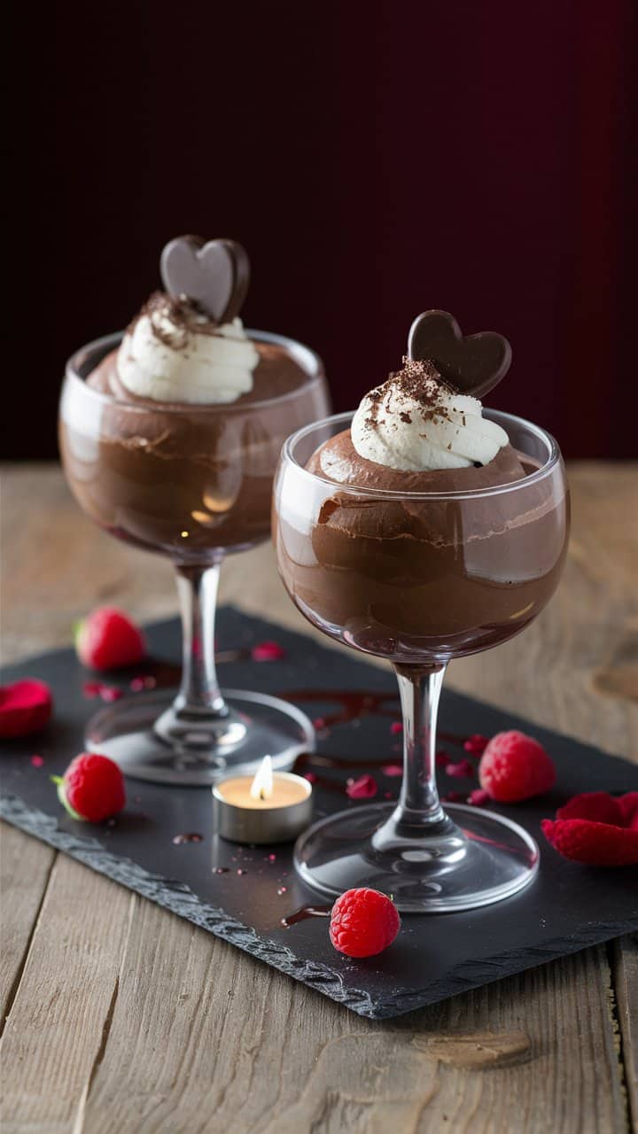 Mousse chocolat coeur, chantilly, framboises.
