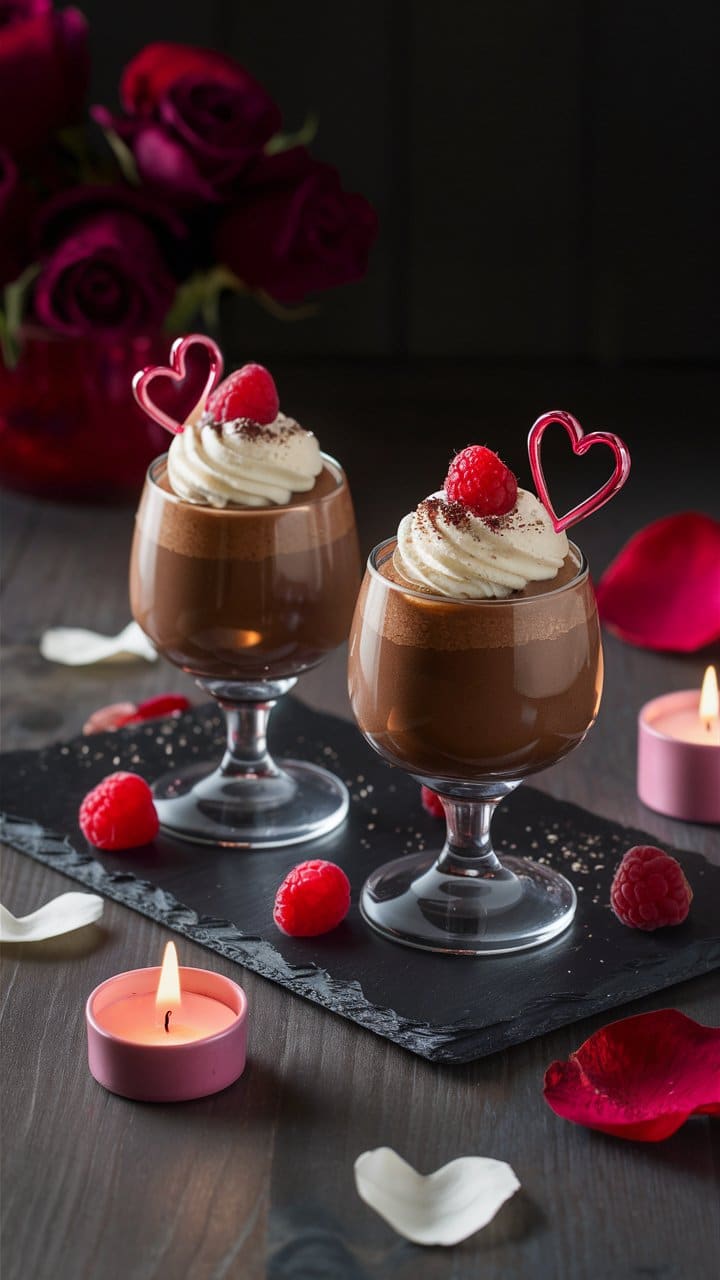 Desserts chocolatés avec framboises et crème chantilly.