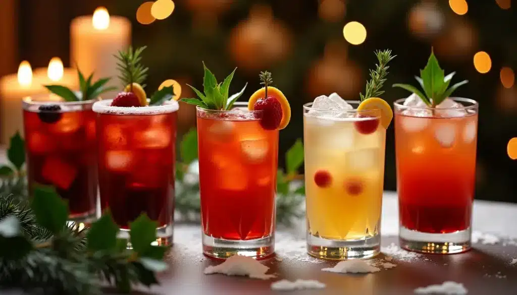 Cocktails festifs décorés pour Noël.