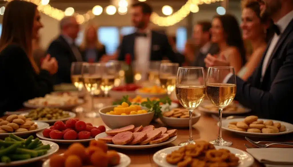 Dîner élégant avec des amis, nourriture et boissons.